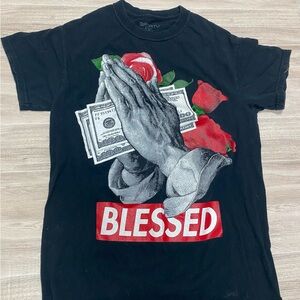 Black Graphic T-Shirt with Praying Hands Design
